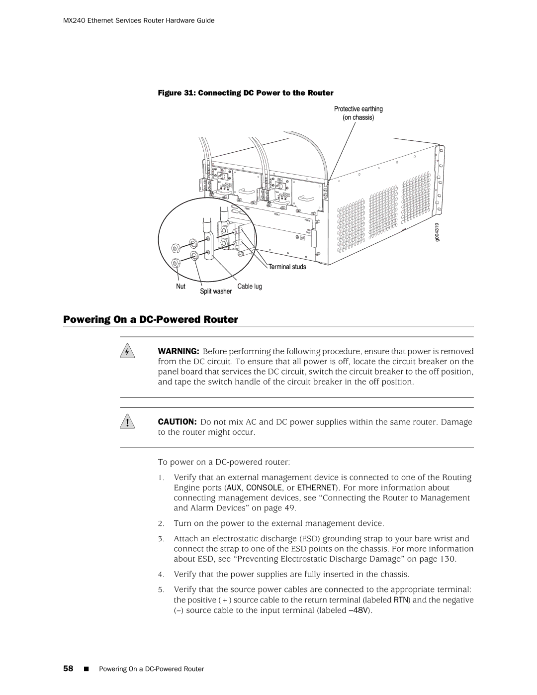 Juniper Networks MX240 manual Powering On a DC-Powered Router, Connecting DC Power to the Router 