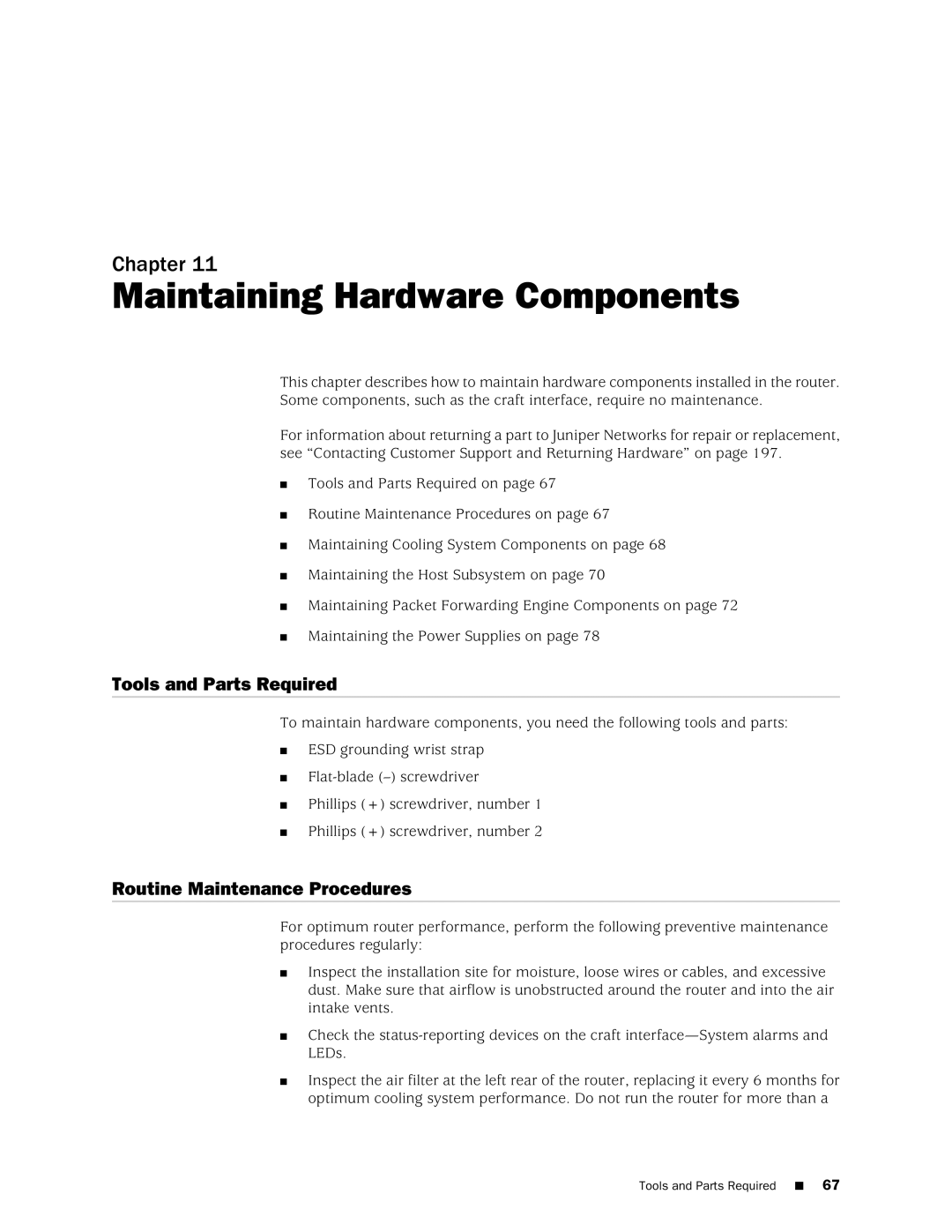 Juniper Networks MX240 manual Maintaining Hardware Components, Routine Maintenance Procedures 