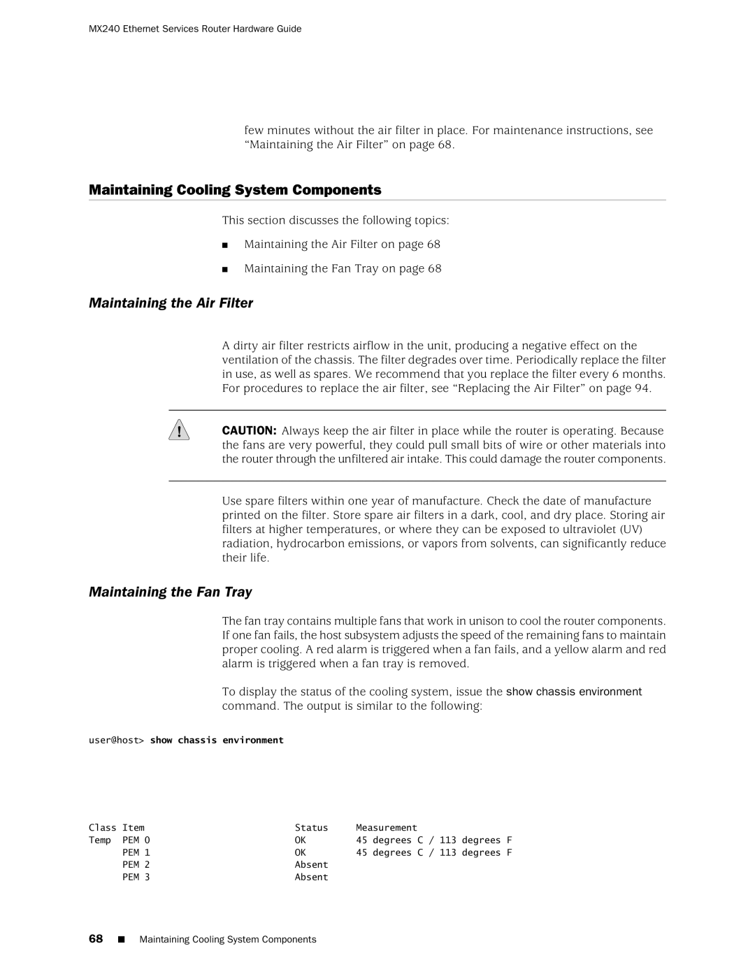 Juniper Networks MX240 manual Maintaining Cooling System Components, Maintaining the Air Filter, Maintaining the Fan Tray 