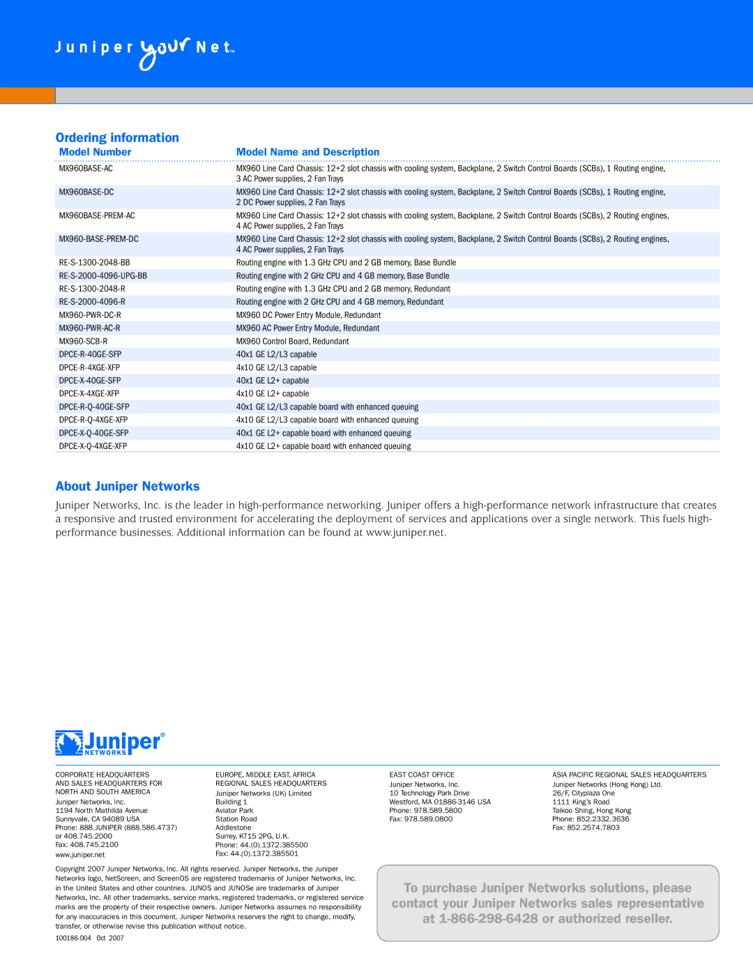 Juniper Networks MX960 manual Ordering information, About Juniper Networks, Model Number Model Name and Description 