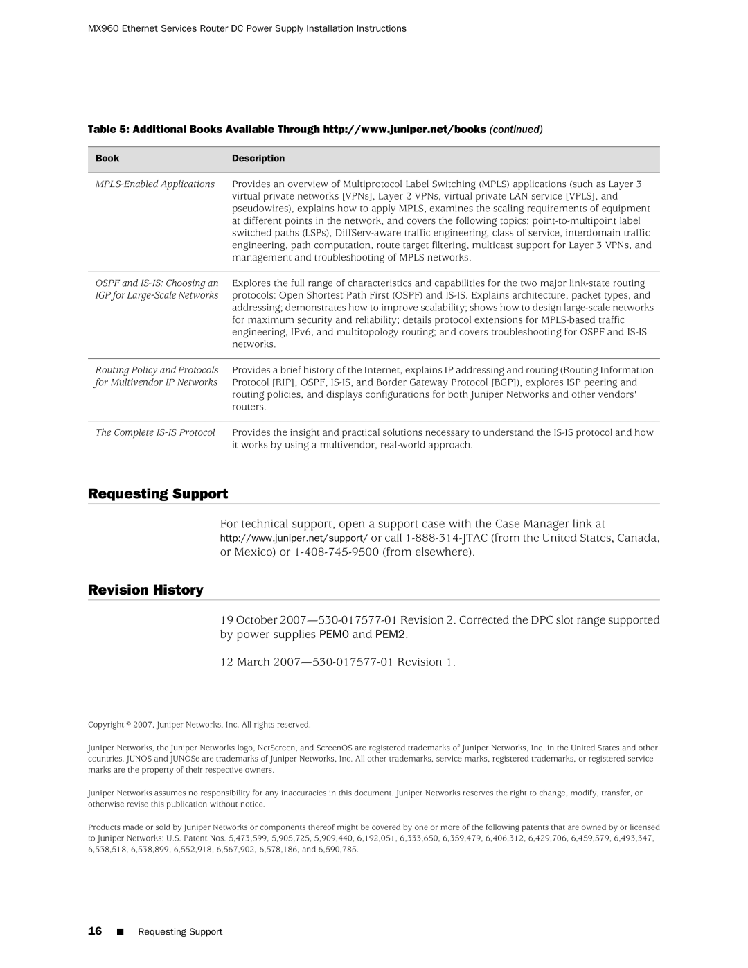 Juniper Networks MX960 installation instructions Requesting Support Revision History 