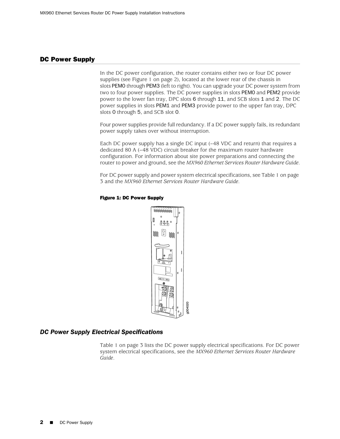 Juniper Networks MX960 installation instructions DC Power Supply Electrical Specifications 