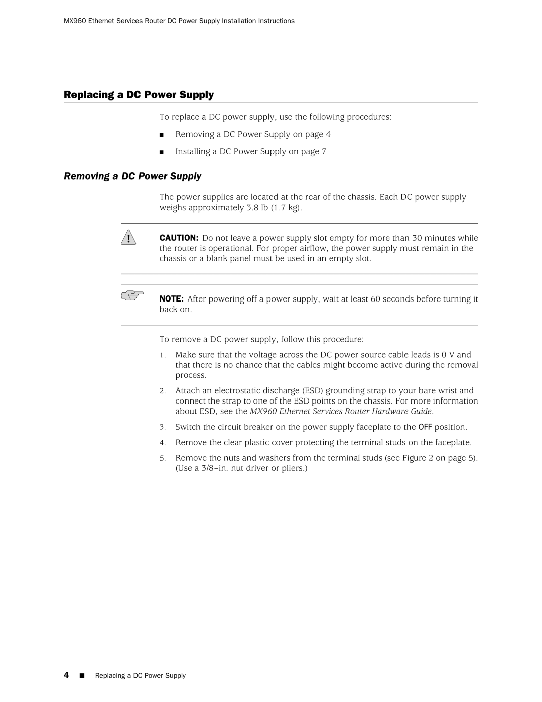 Juniper Networks MX960 installation instructions Replacing a DC Power Supply, Removing a DC Power Supply 