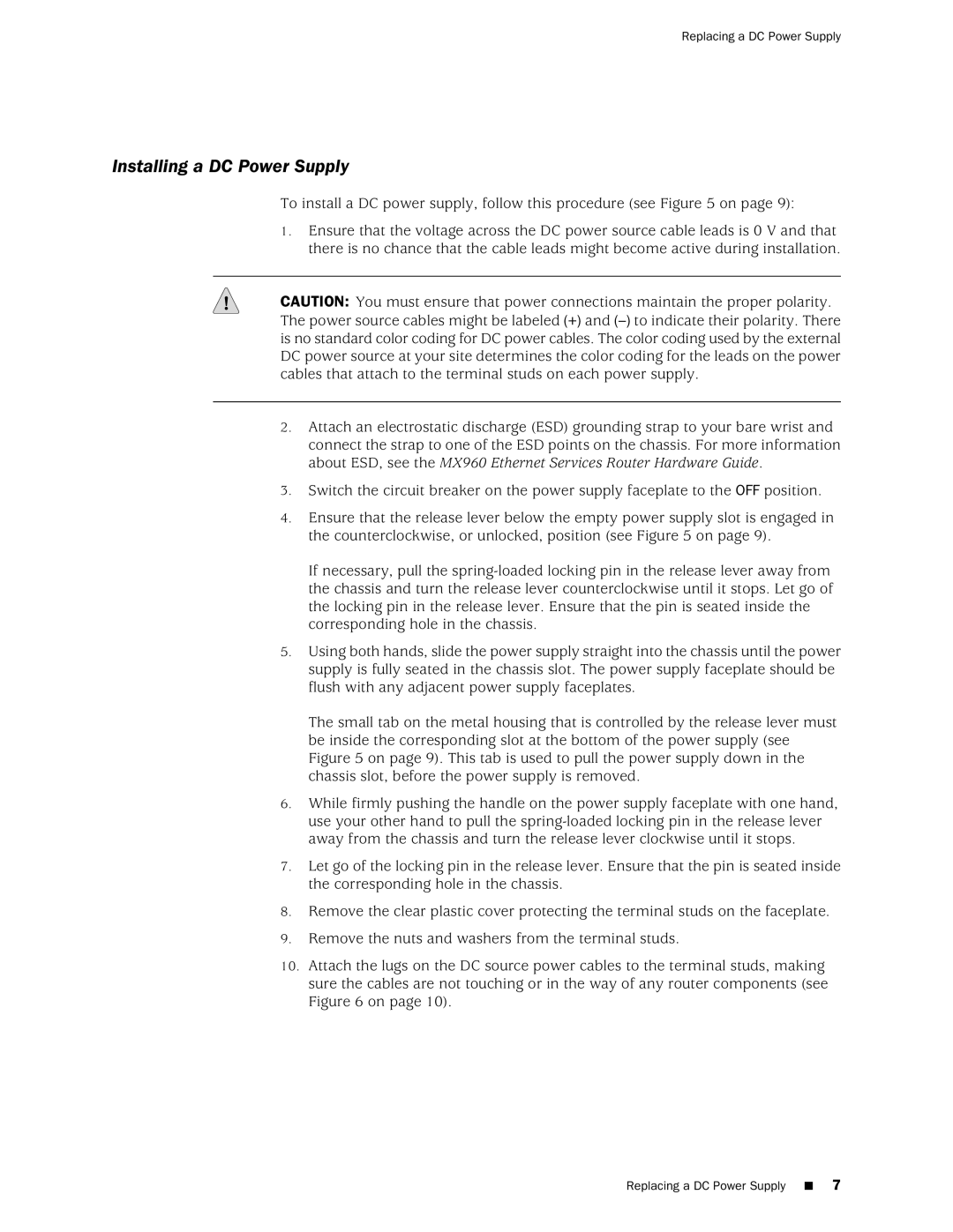 Juniper Networks MX960 installation instructions Installing a DC Power Supply 