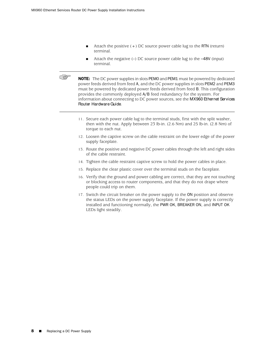 Juniper Networks MX960 installation instructions Replacing a DC Power Supply 