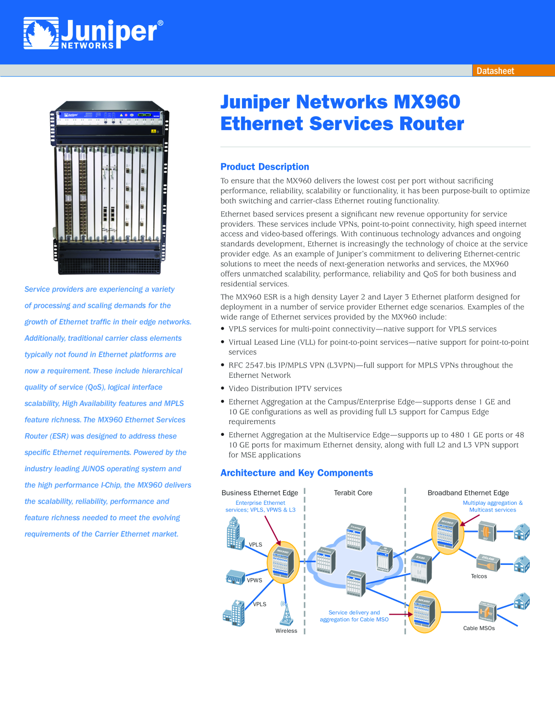 Juniper Networks MX960 manual Product Description, Architecture and Key Components, Datasheet 