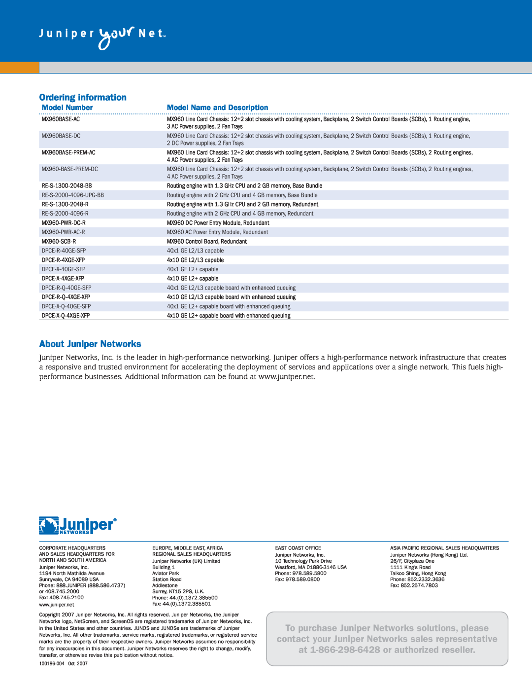 Juniper Networks MX960 manual Ordering information, About Juniper Networks, Model Number, Model Name and Description 