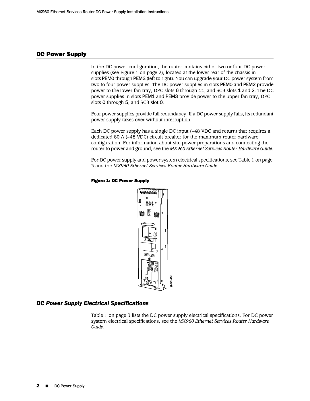 Juniper Networks MX960 installation instructions DC Power Supply Electrical Specifications 