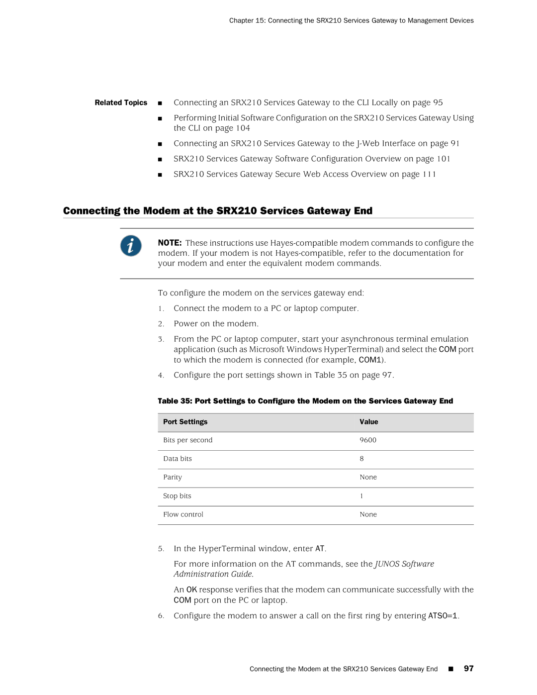 Juniper Networks SRX 210 manual Connecting the Modem at the SRX210 Services Gateway End 