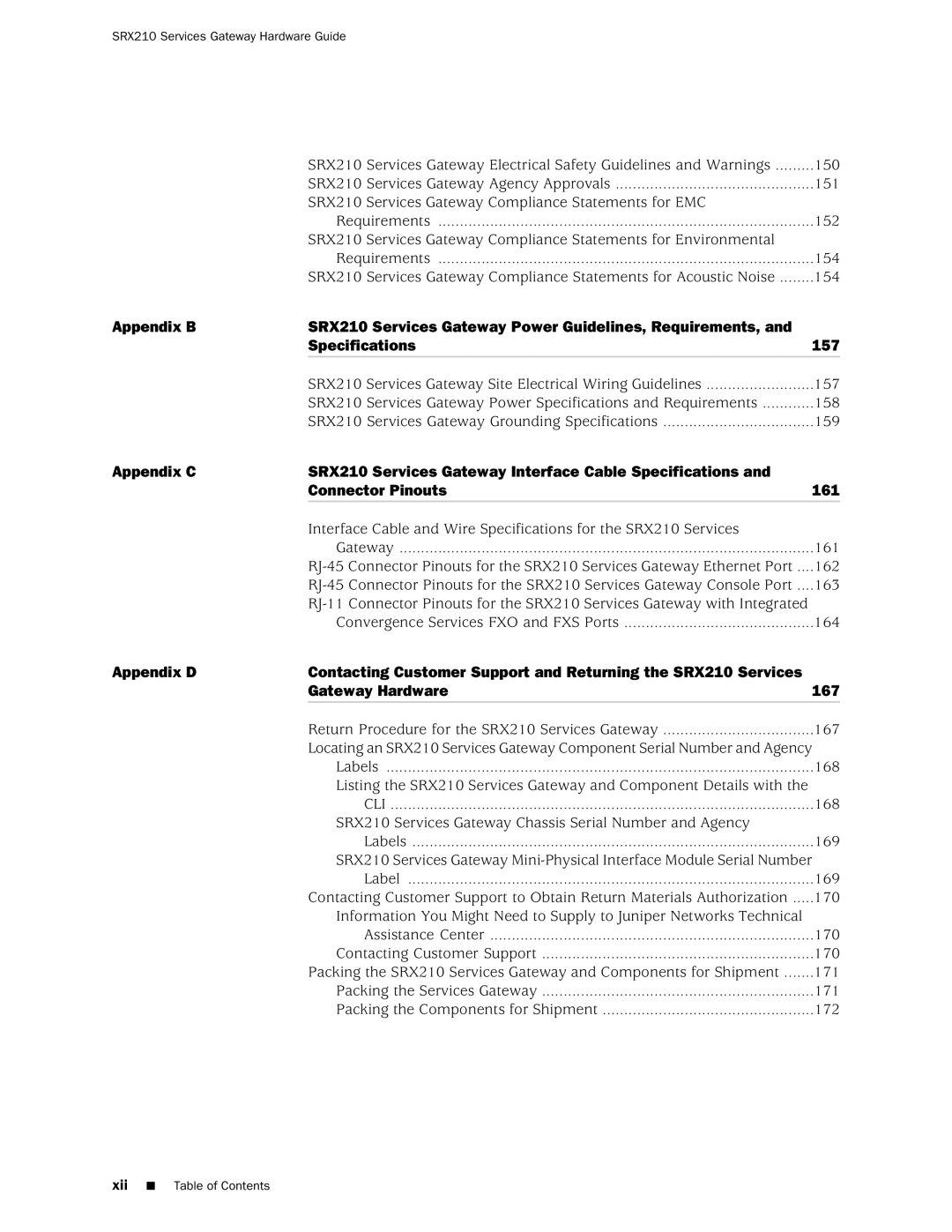 Juniper Networks SRX 210 manual Xii Table of Contents 