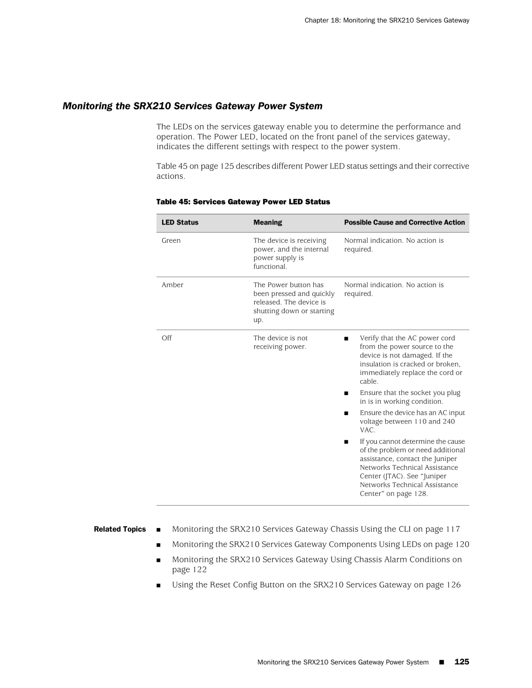 Juniper Networks SRX 210 manual Monitoring the SRX210 Services Gateway Power System, Services Gateway Power LED Status 