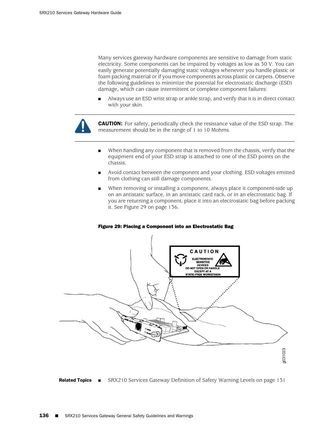 Juniper Networks SRX 210 manual Placing a Component into an Electrostatic Bag 