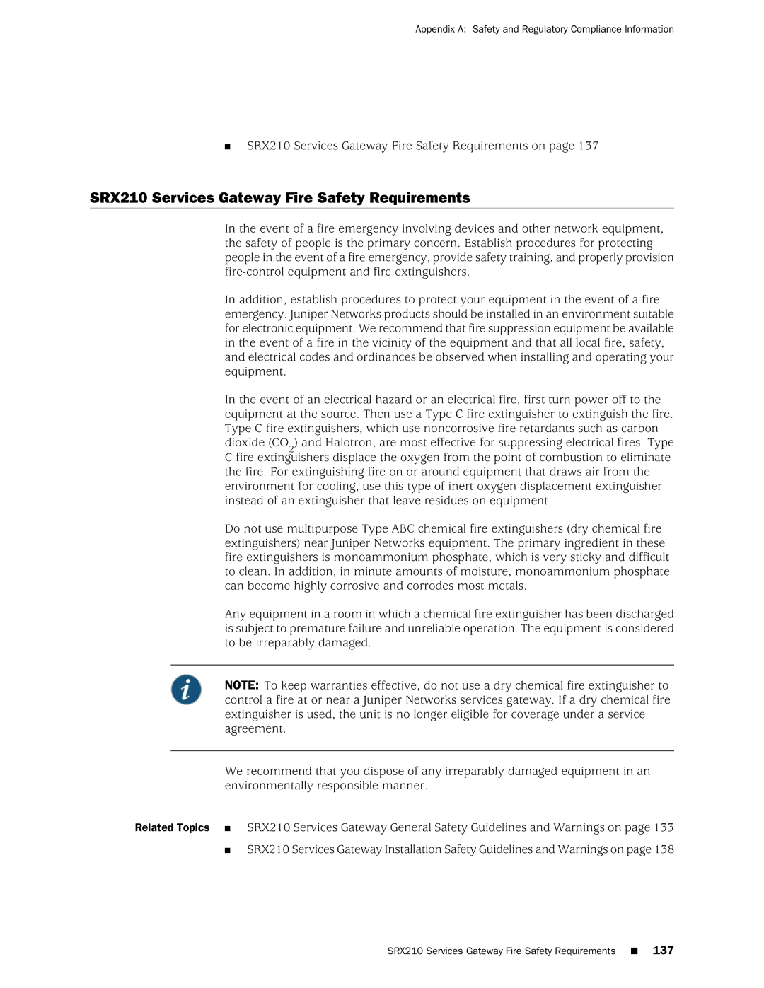 Juniper Networks SRX 210 manual SRX210 Services Gateway Fire Safety Requirements 