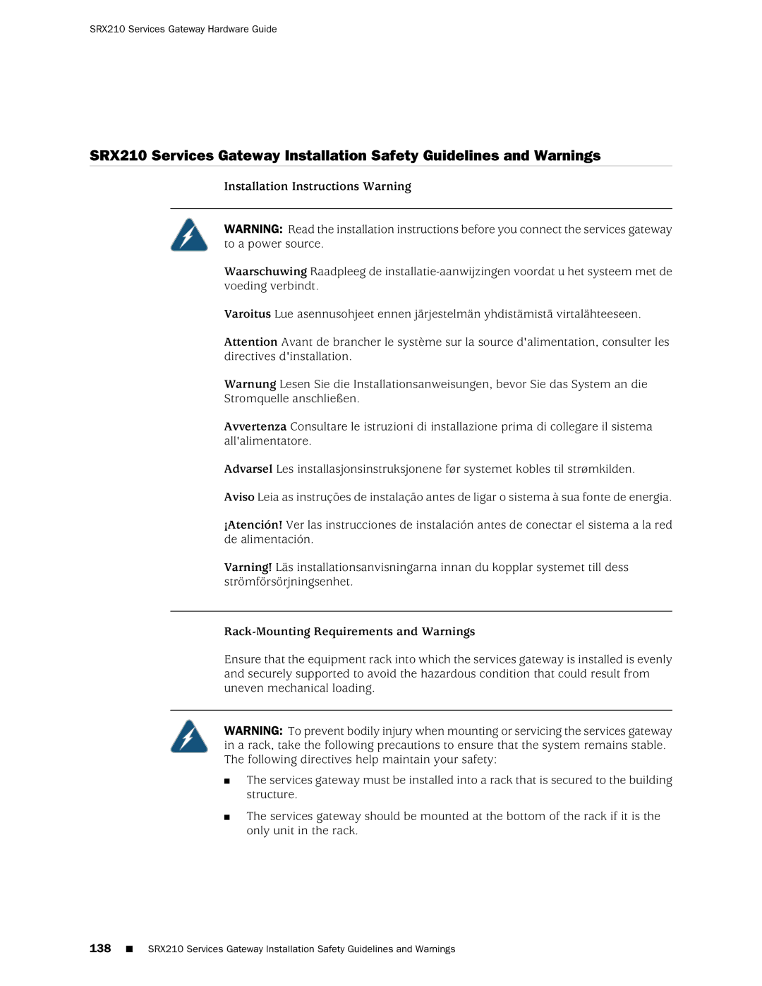 Juniper Networks SRX 210 manual Installation Instructions Warning 