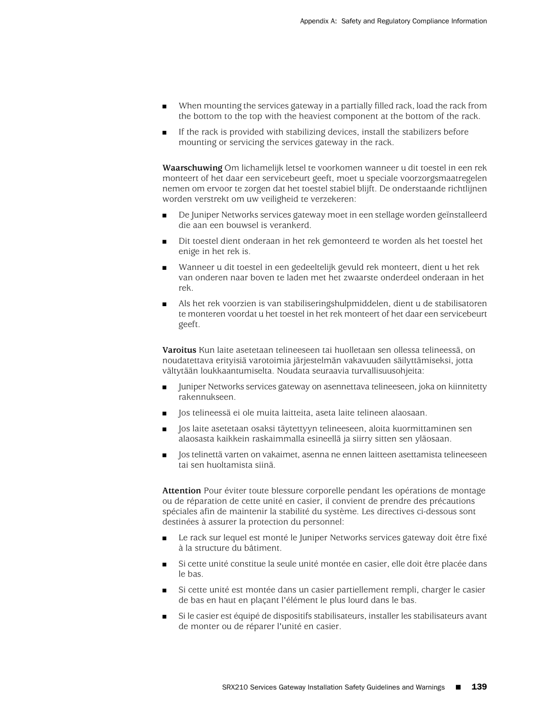 Juniper Networks SRX 210 manual Appendix a Safety and Regulatory Compliance Information 