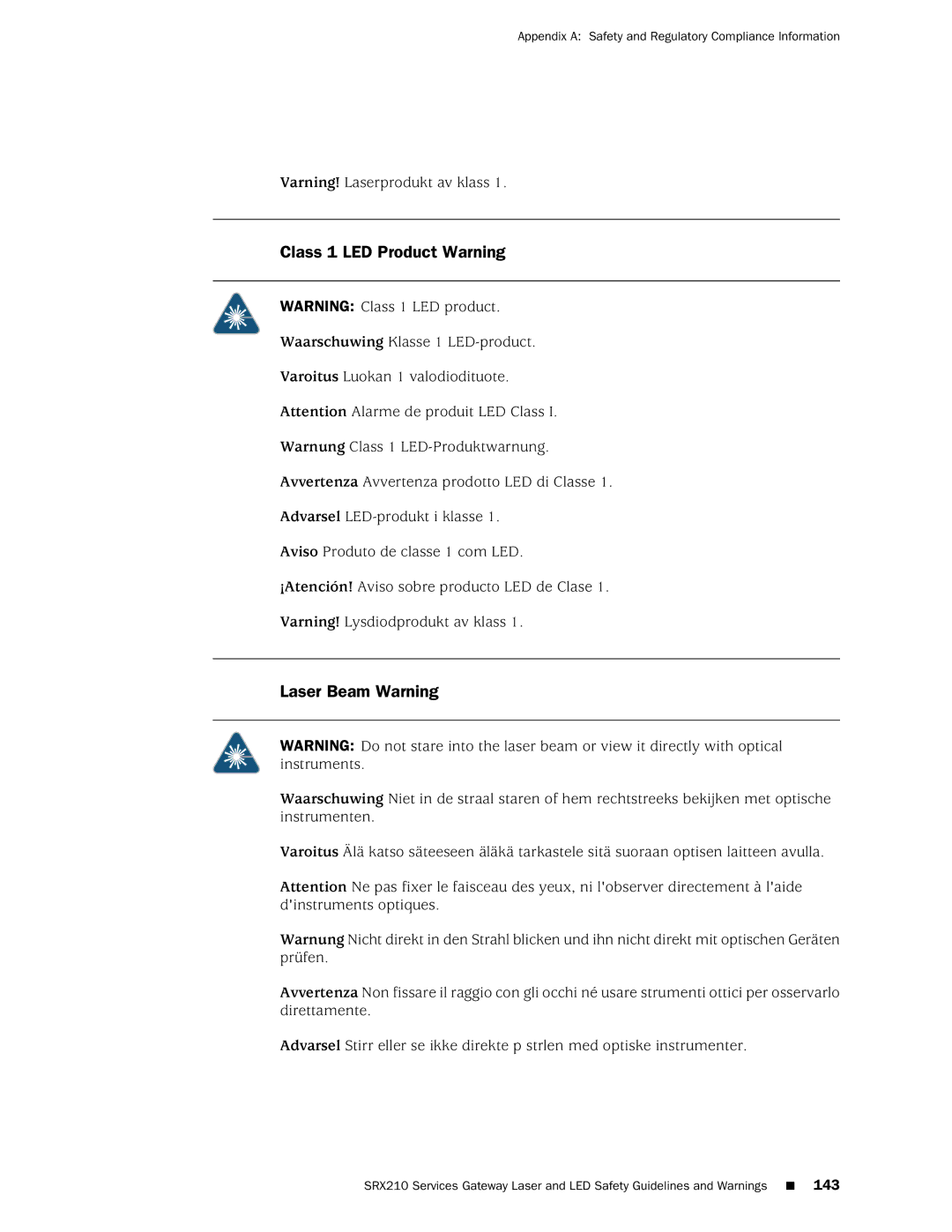 Juniper Networks SRX 210 manual Class 1 LED Product Warning 