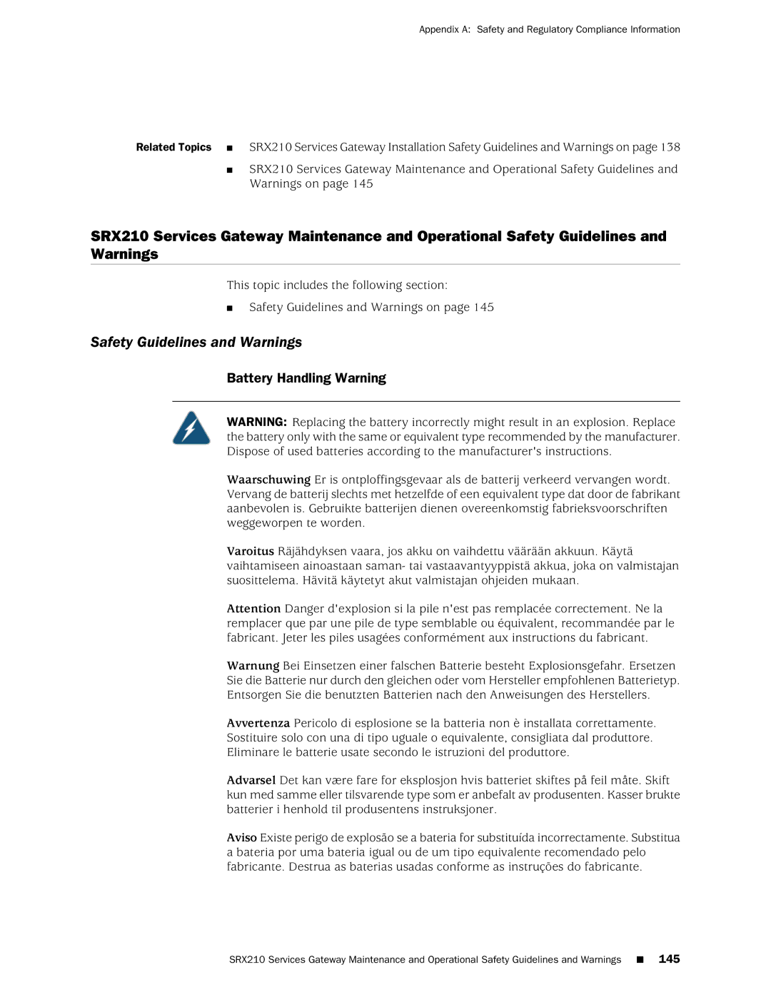 Juniper Networks SRX 210 manual Safety Guidelines and Warnings, Battery Handling Warning 