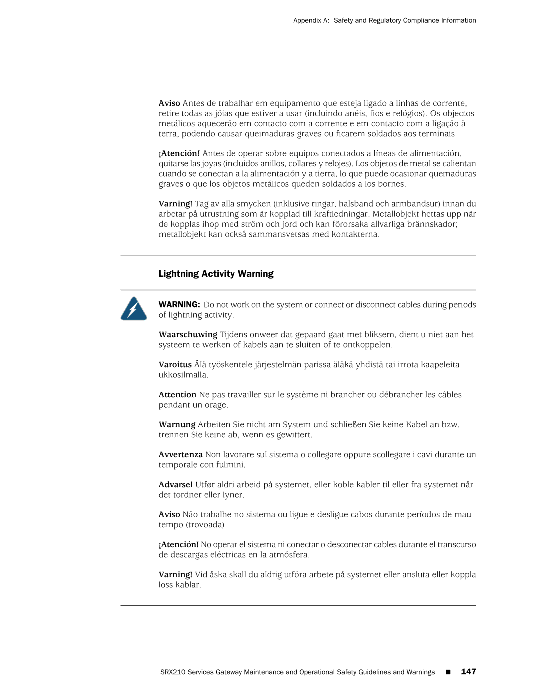 Juniper Networks SRX 210 manual Lightning Activity Warning 