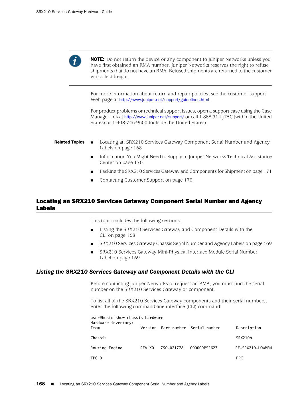 Juniper Networks SRX 210 manual SRX210 Services Gateway Hardware Guide 