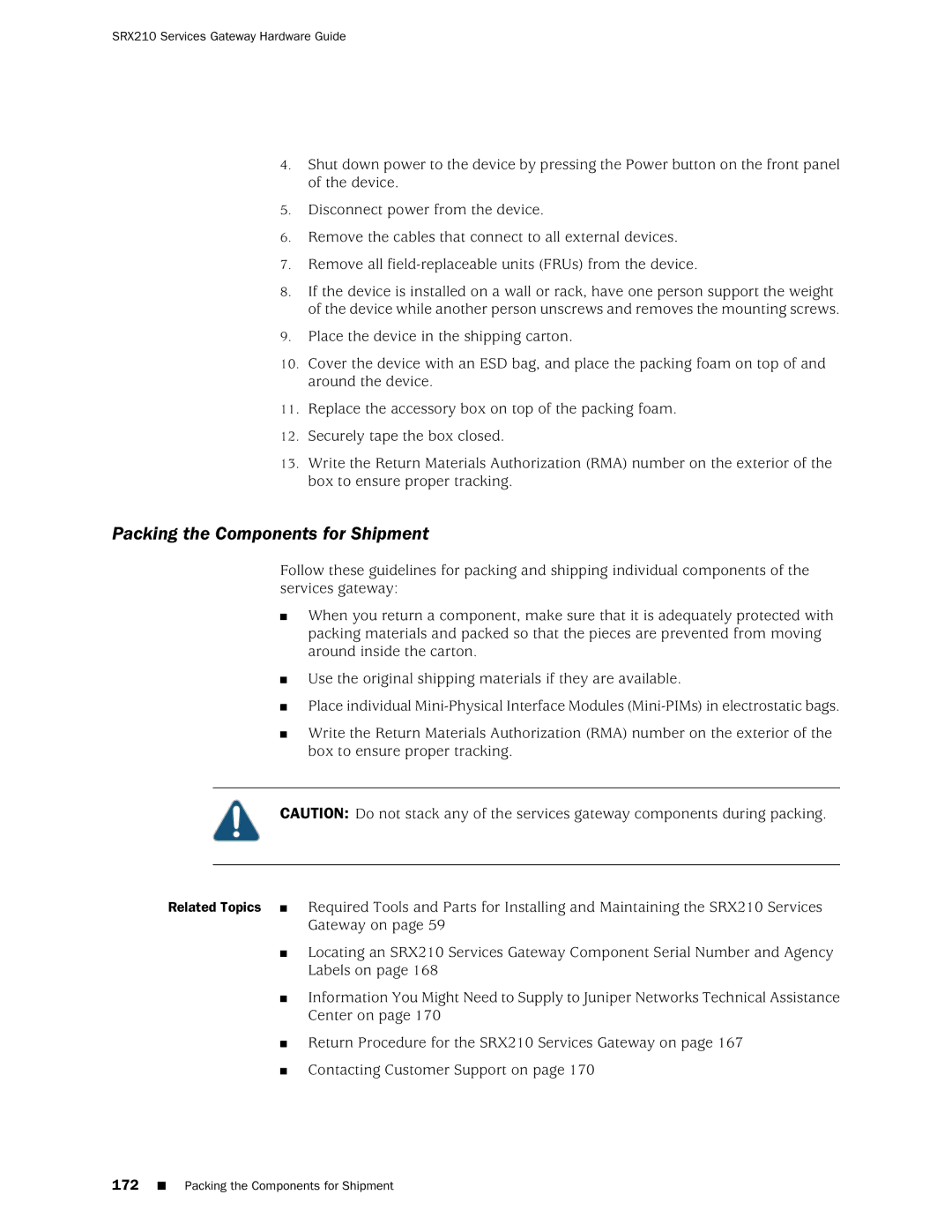 Juniper Networks SRX 210 manual Packing the Components for Shipment 