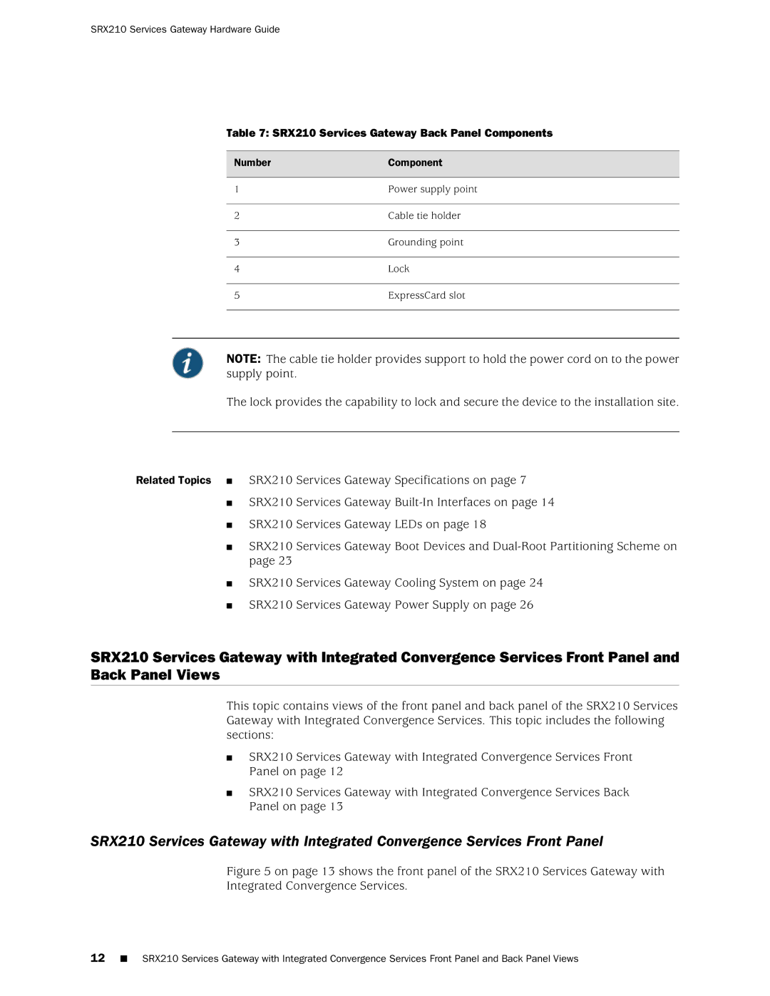 Juniper Networks SRX 210 manual SRX210 Services Gateway Back Panel Components 