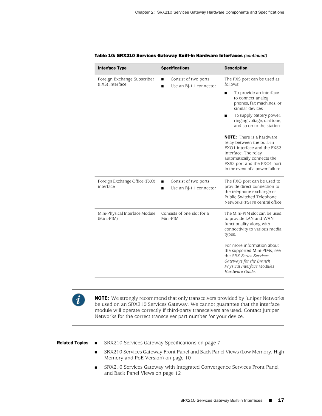 Juniper Networks SRX 210 manual Foreign Exchange Office FXO Consist of two ports Interface 