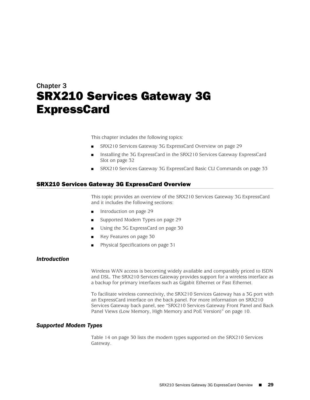 Juniper Networks SRX 210 manual SRX210 Services Gateway 3G ExpressCard Overview, Introduction, Supported Modem Types 