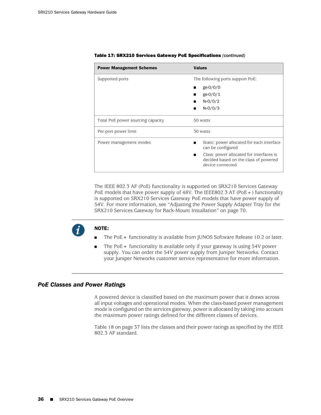 Juniper Networks SRX 210 manual PoE Classes and Power Ratings, Ge-0/0/0, Ge-0/0/1, Fe-0/0/2, Fe-0/0/3 