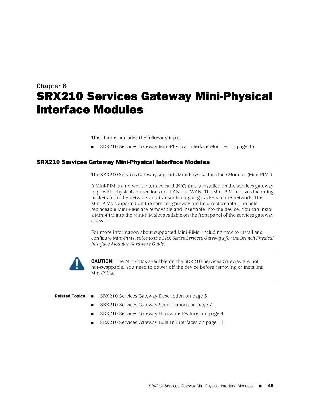 Juniper Networks SRX 210 manual SRX210 Services Gateway Mini-Physical Interface Modules 