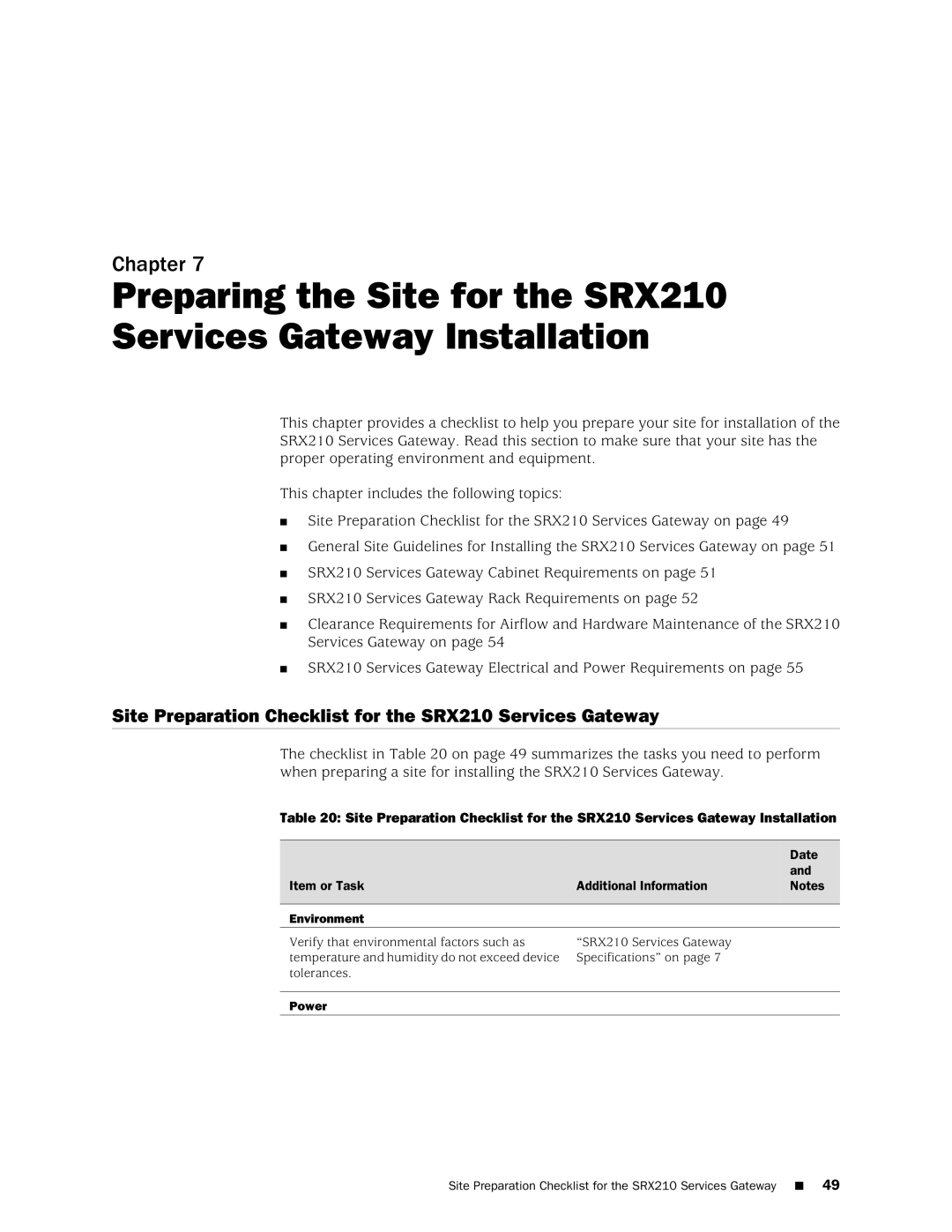 Juniper Networks SRX 210 manual Site Preparation Checklist for the SRX210 Services Gateway, Date 