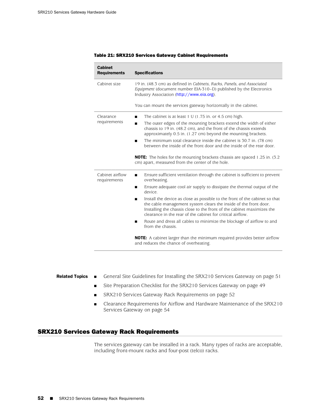 Juniper Networks SRX 210 manual SRX210 Services Gateway Rack Requirements, SRX210 Services Gateway Cabinet Requirements 