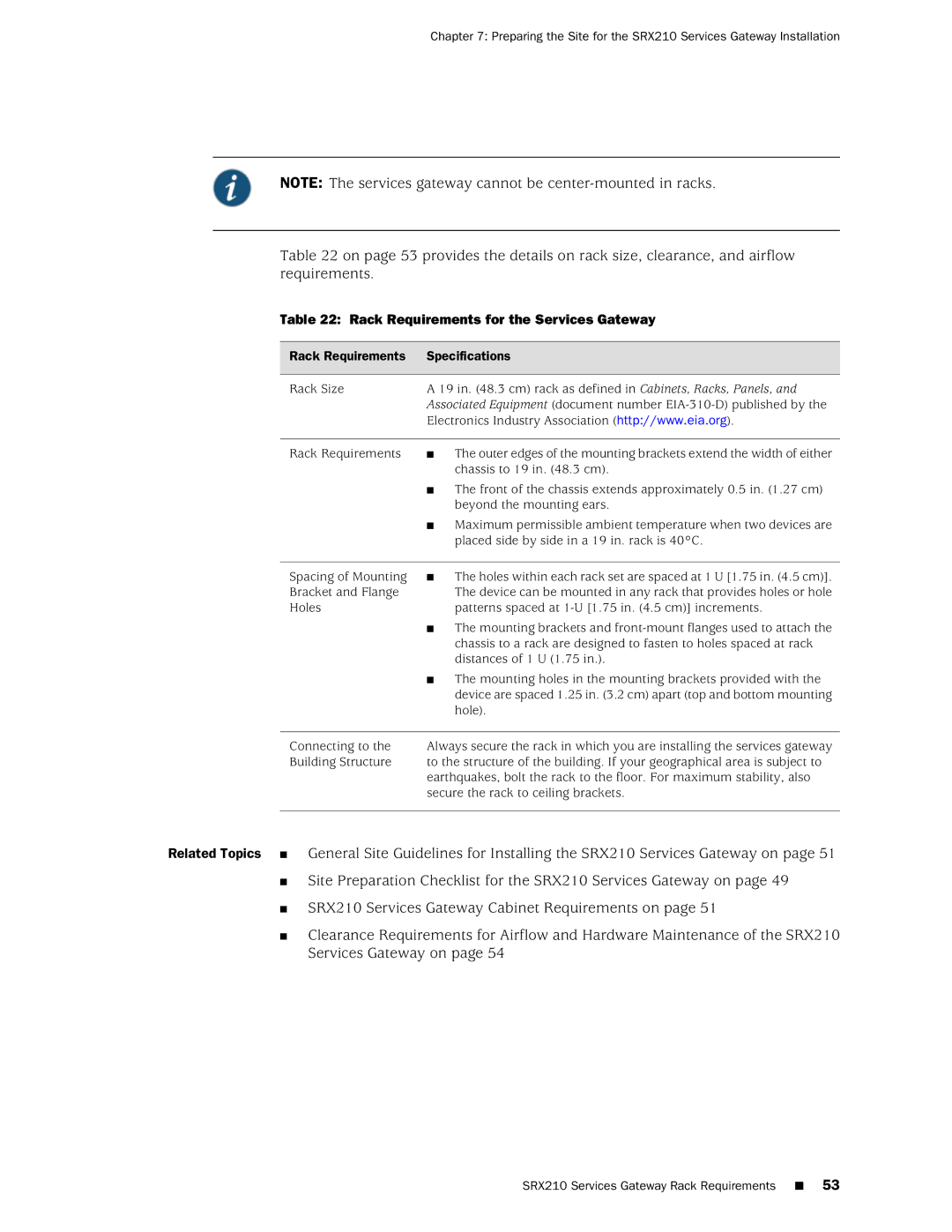 Juniper Networks SRX 210 manual Rack Requirements for the Services Gateway, Rack Requirements Specifications 