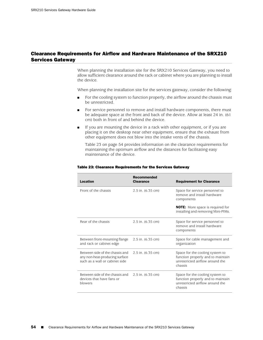 Juniper Networks SRX 210 manual Clearance Requirements for the Services Gateway 