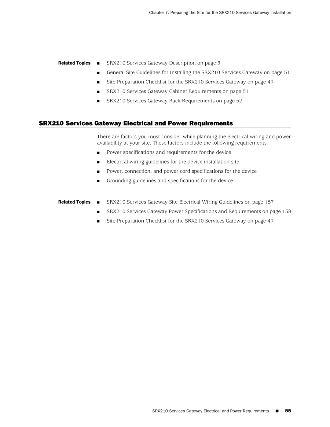 Juniper Networks SRX 210 manual SRX210 Services Gateway Electrical and Power Requirements 