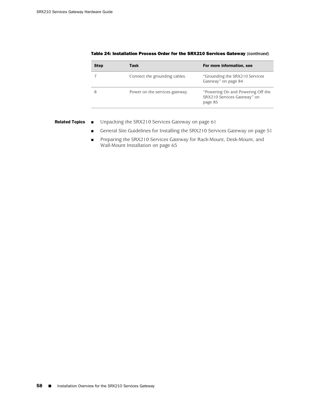 Juniper Networks SRX 210 manual SRX210 Services Gateway Hardware Guide, Step Task For more information, see 