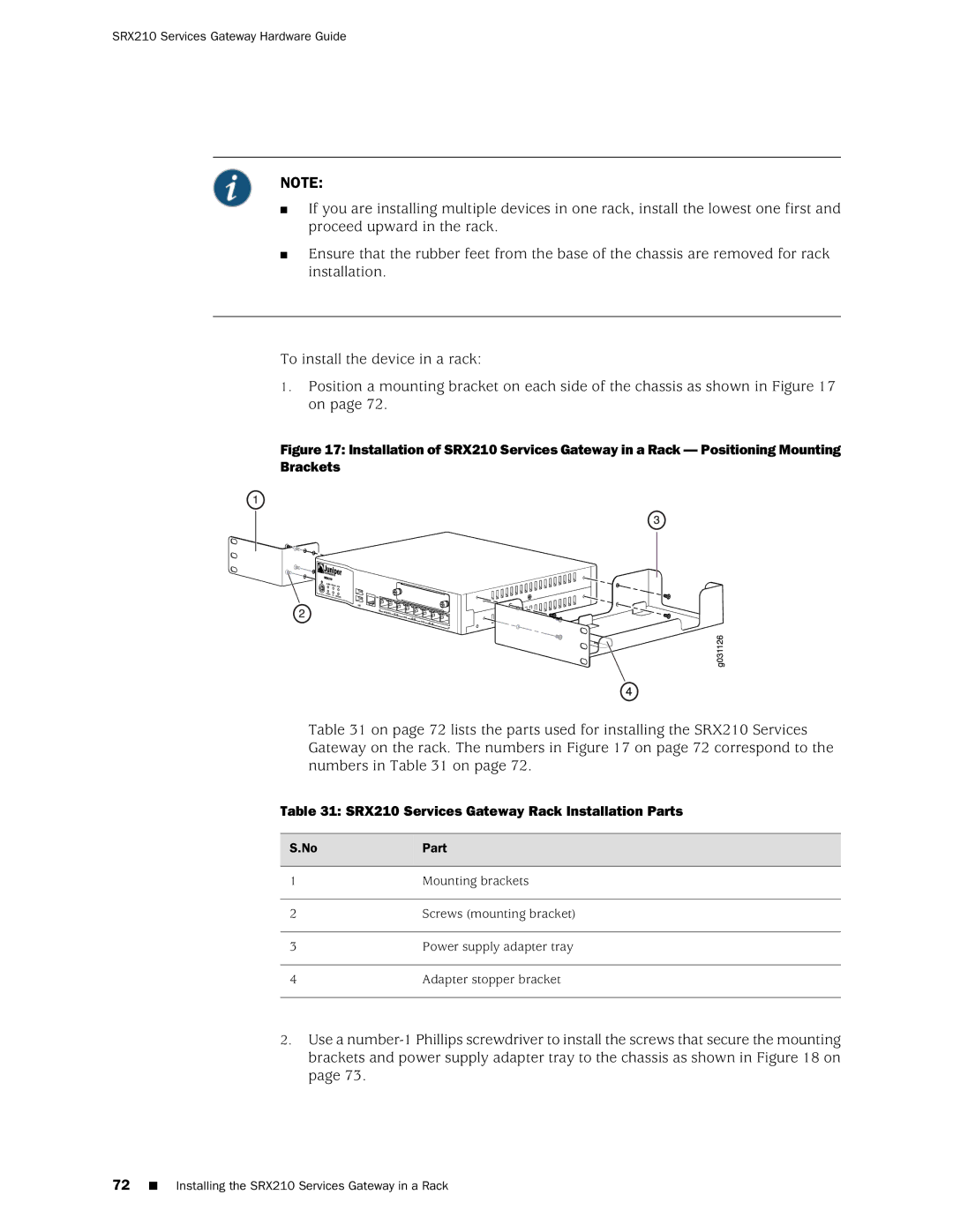 Juniper Networks SRX 210 manual SRX210 Services Gateway Rack Installation Parts 