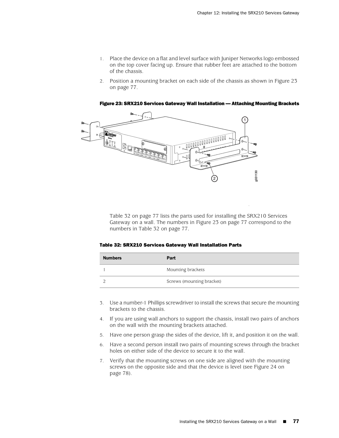 Juniper Networks SRX 210 manual SRX210 Services Gateway Wall Installation Parts, Numbers Part 