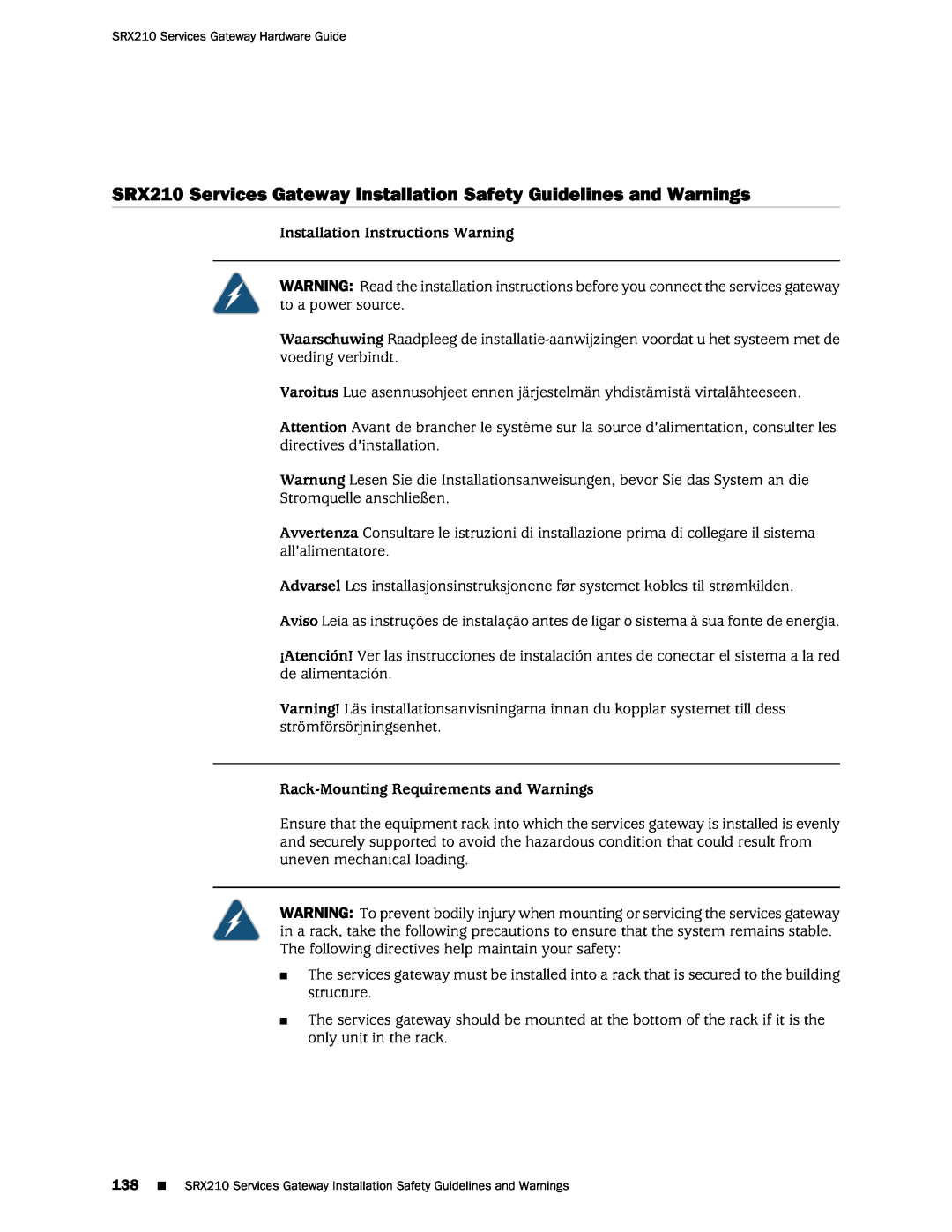 Juniper Networks SRX 210 manual SRX210 Services Gateway Installation Safety Guidelines and Warnings 