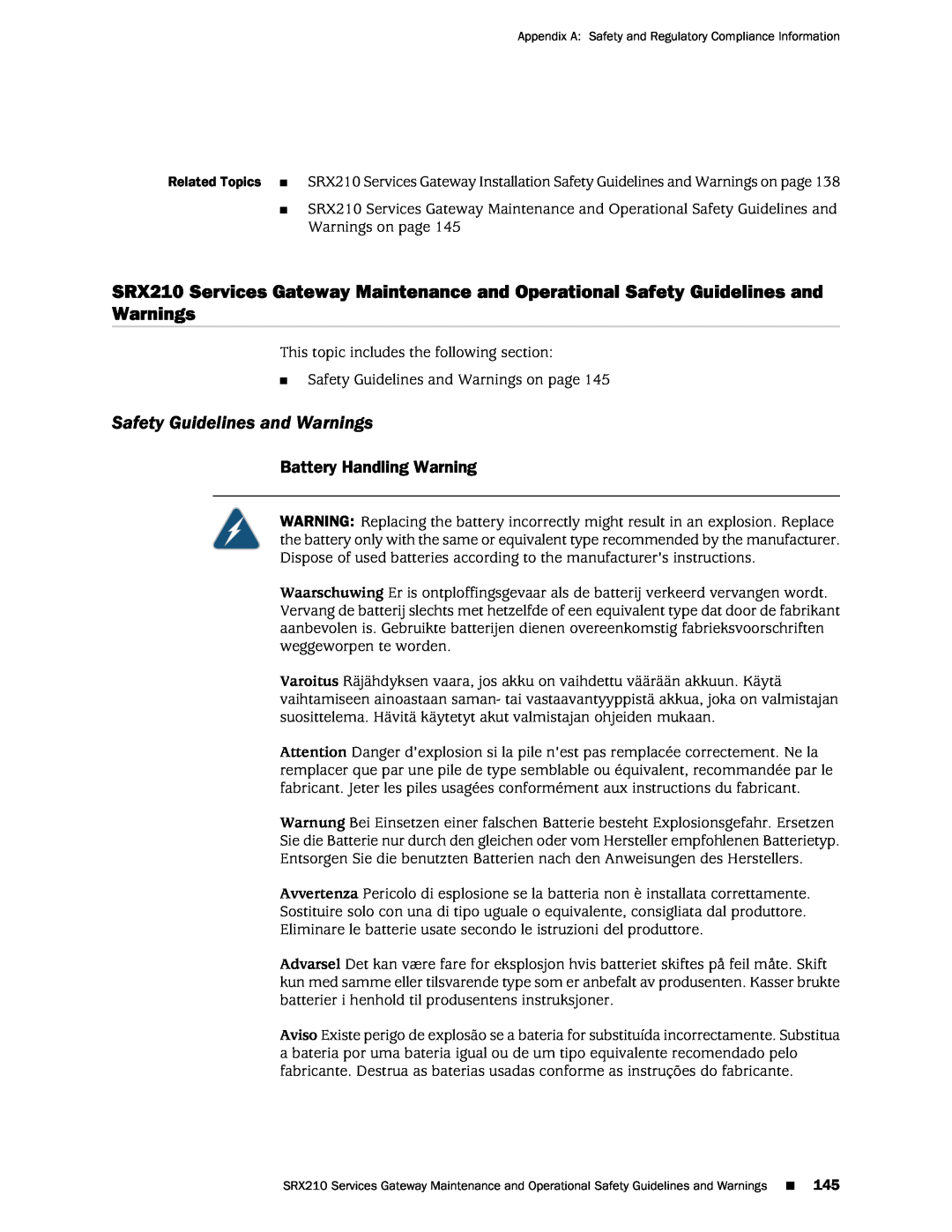 Juniper Networks SRX 210 manual Safety Guidelines and Warnings, Battery Handling Warning 
