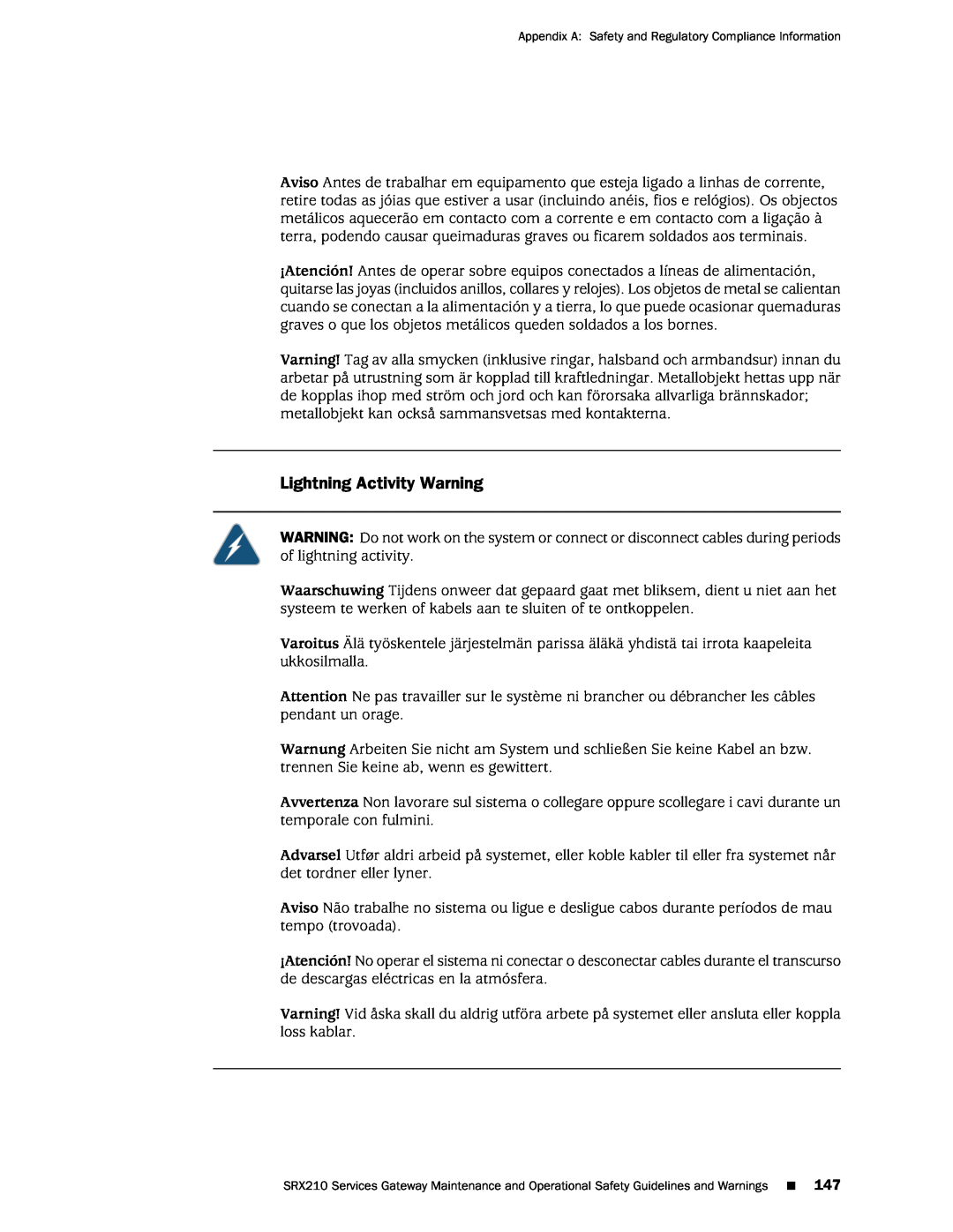 Juniper Networks SRX 210 manual Lightning Activity Warning 