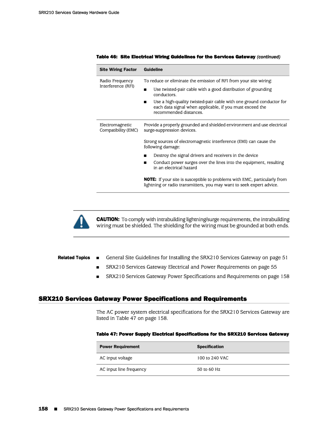 Juniper Networks SRX 210 manual SRX210 Services Gateway Power Specifications and Requirements 