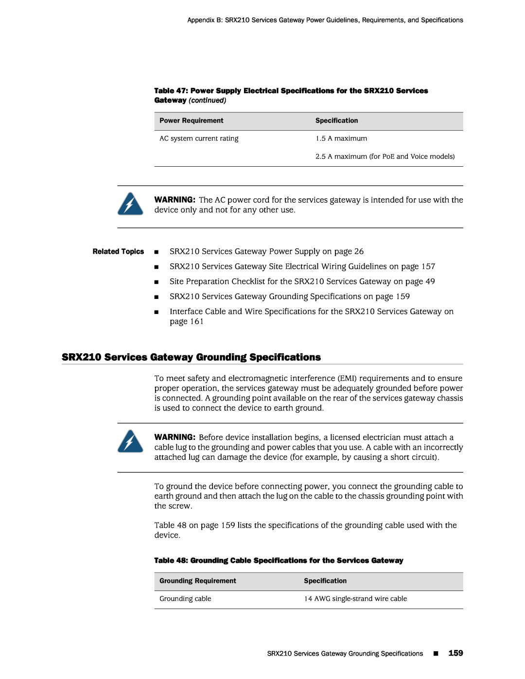 Juniper Networks SRX 210 manual SRX210 Services Gateway Grounding Specifications 