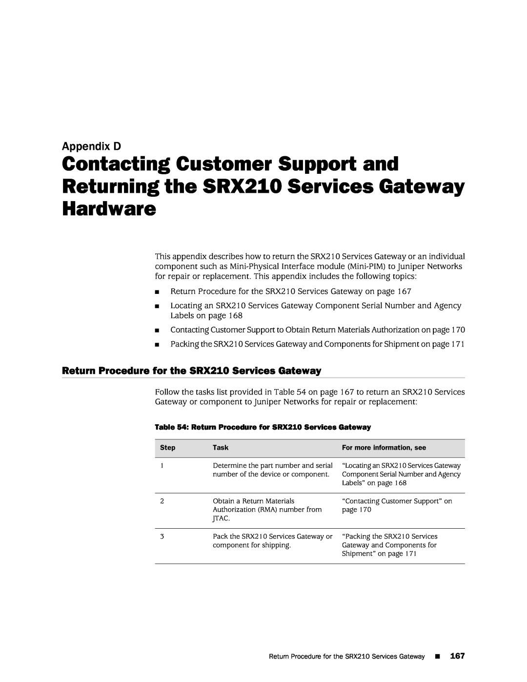 Juniper Networks SRX 210 manual Contacting Customer Support and Returning the SRX210 Services Gateway, Hardware, Appendix D 