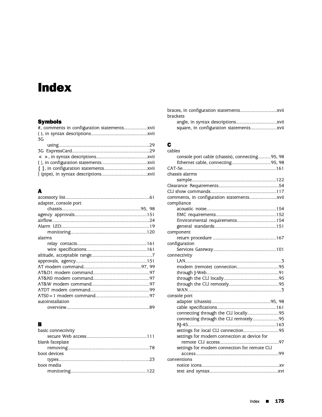 Juniper Networks SRX 210 manual Symbols, Index, AT modem command 