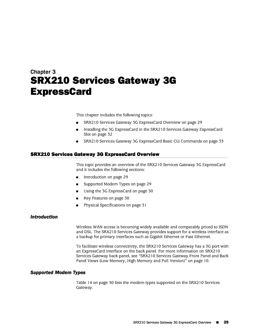 Juniper Networks SRX 210 SRX210 Services Gateway 3G ExpressCard Overview, Introduction, Supported Modem Types, Chapter 