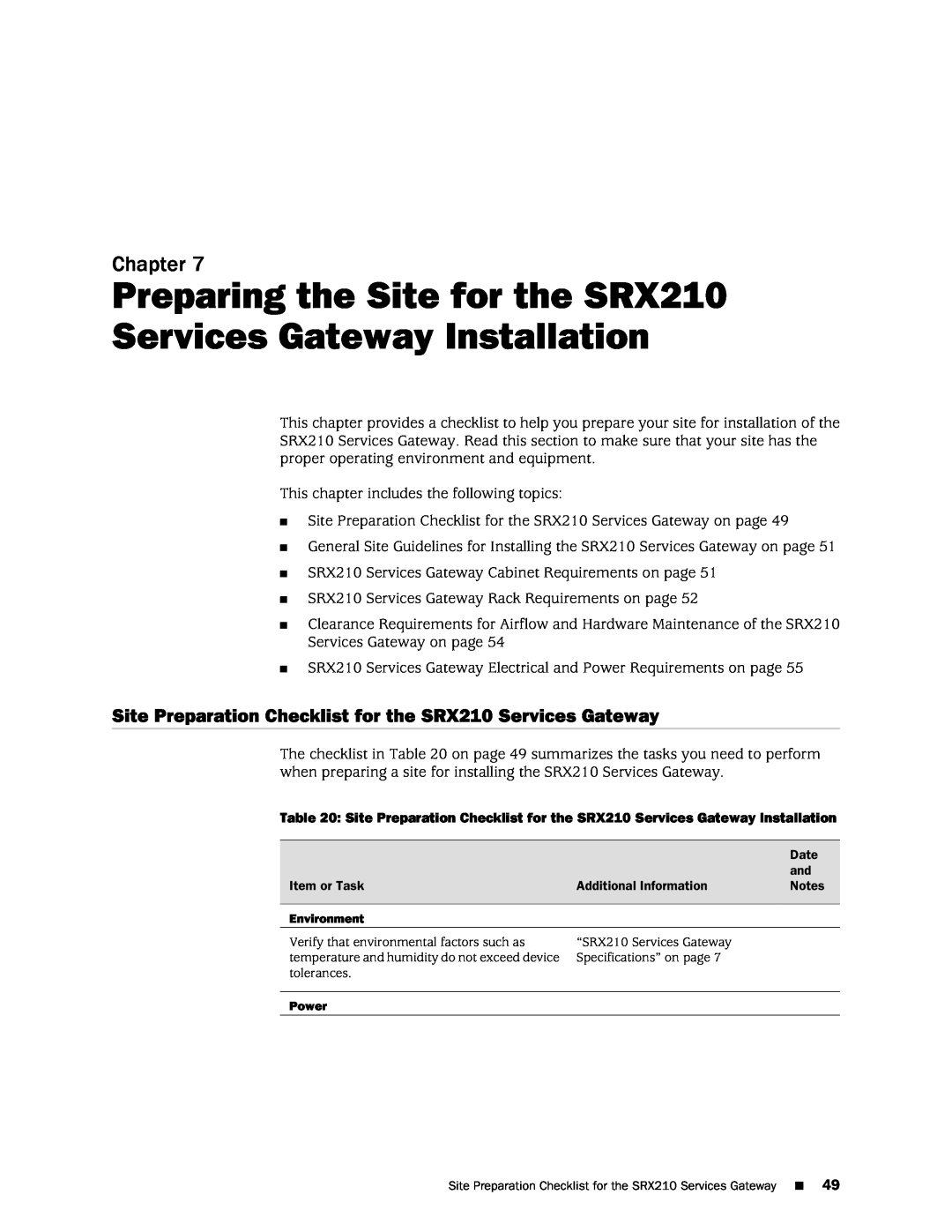 Juniper Networks SRX 210 manual Preparing the Site for the SRX210 Services Gateway Installation, Chapter 