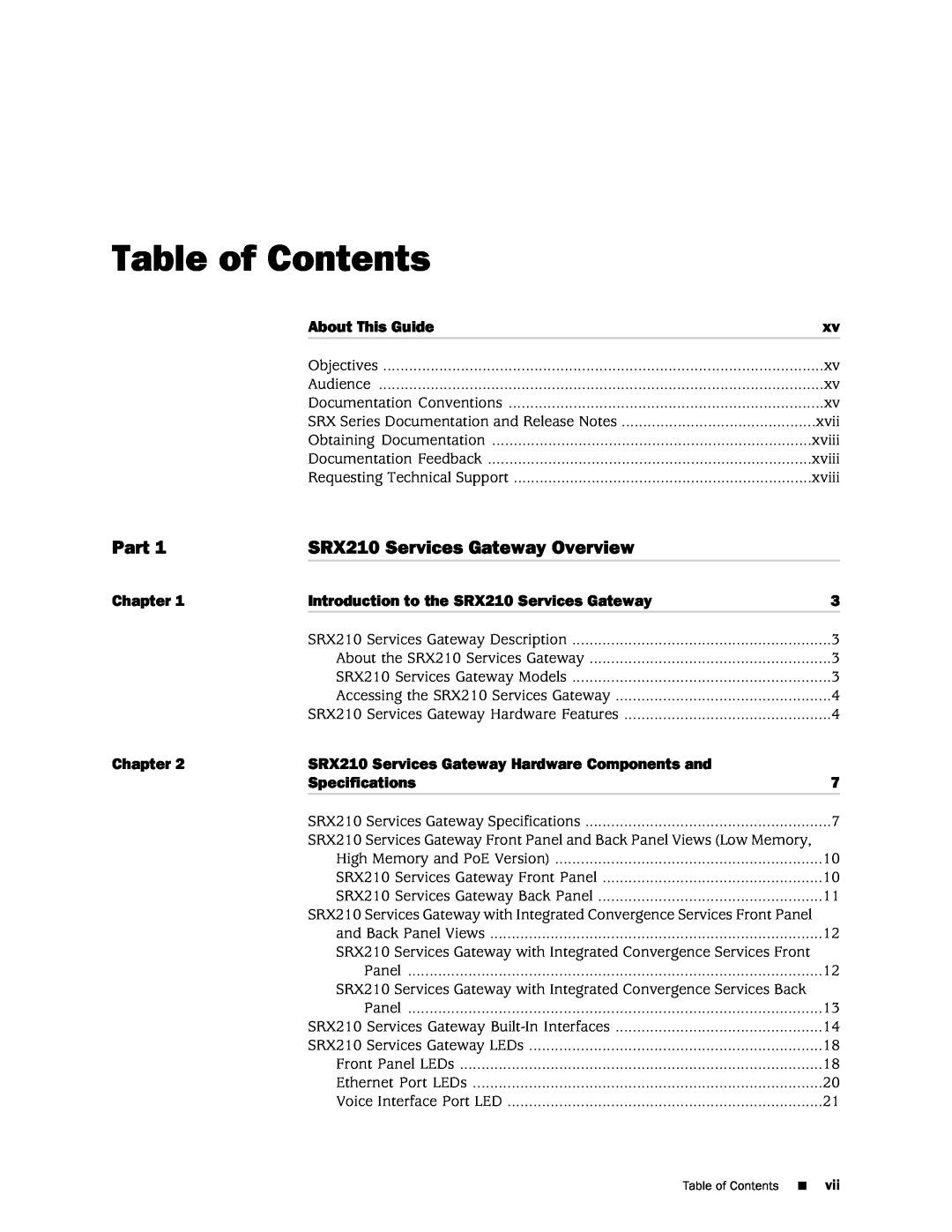 Juniper Networks SRX 210 manual Table of Contents, Part, SRX210 Services Gateway Overview 