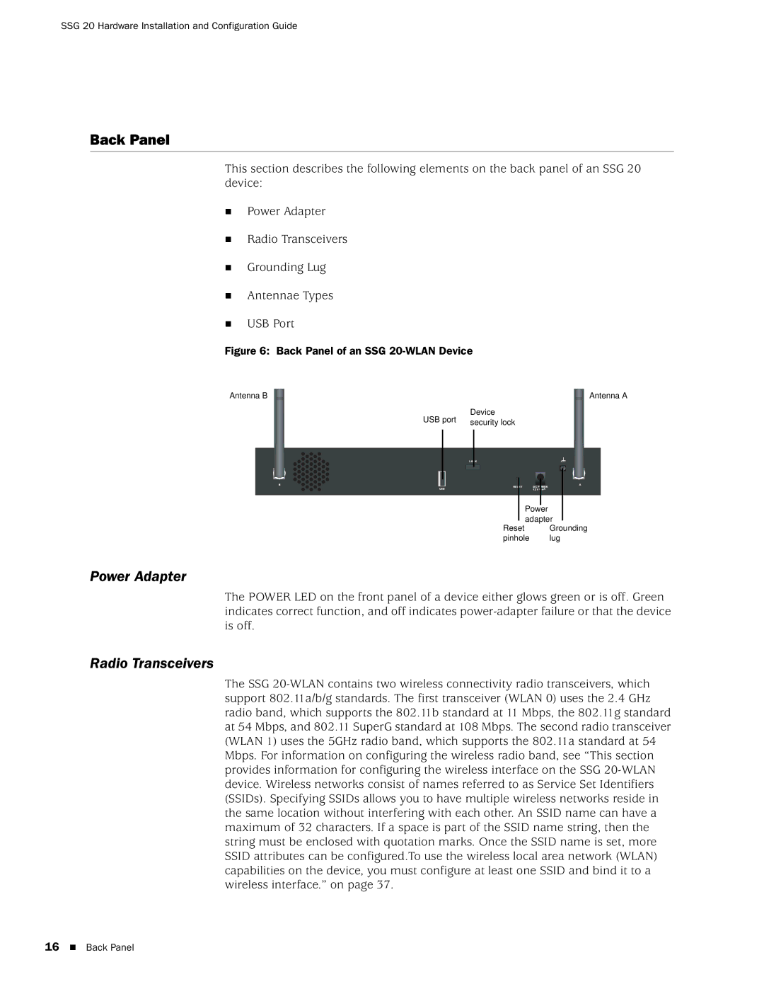 Juniper Networks SSG 20 manual Back Panel, Power Adapter, Radio Transceivers 