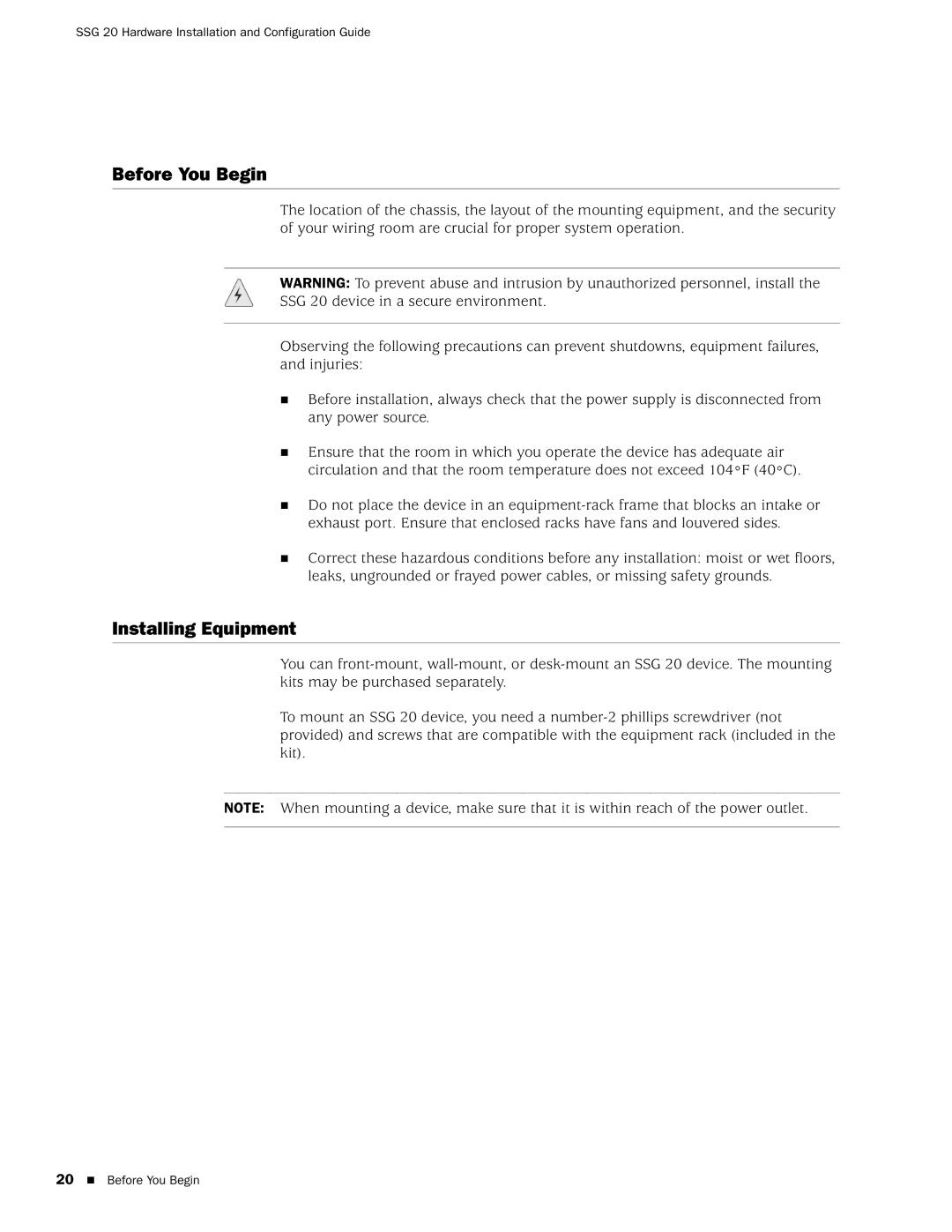 Juniper Networks SSG 20 manual Before You Begin, Installing Equipment 