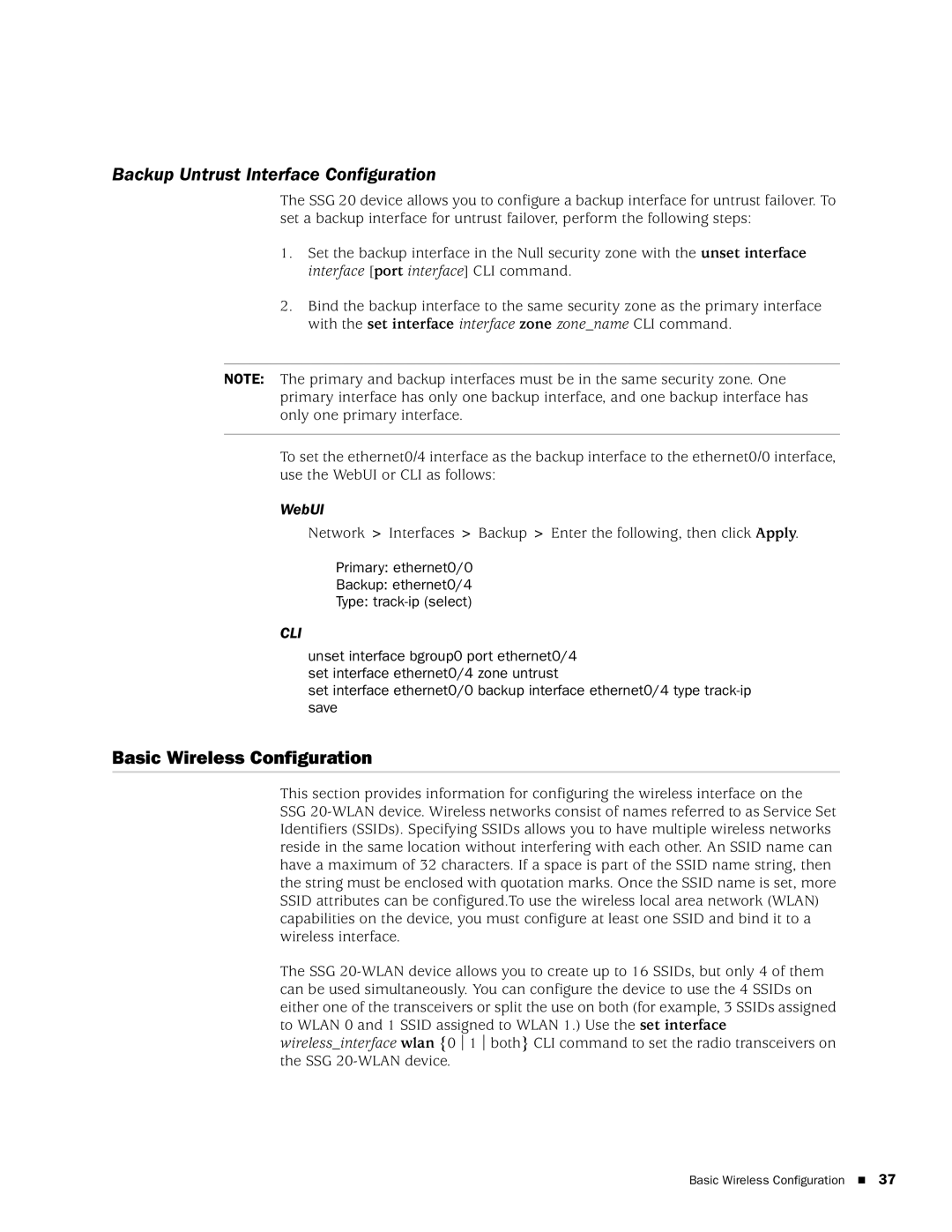 Juniper Networks SSG 20 manual Backup Untrust Interface Configuration, Basic Wireless Configuration 